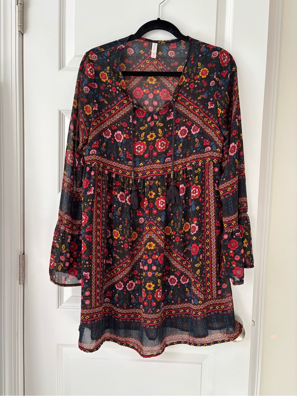 Xhilaration Black Floral Peasant Dress M